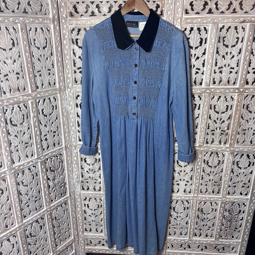VTG 90s MHM Melissa Harper Denim Smocked Black Velvet Collar Dress Cottagecore